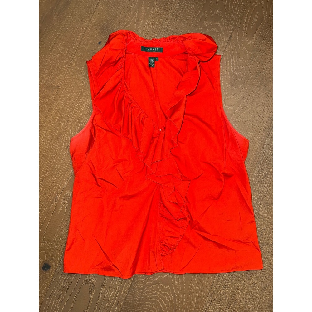 Lauren Ralph Lauren Orange Ruffle V-Neck Sleeveless Cotton‎ Blouse Top Size 14